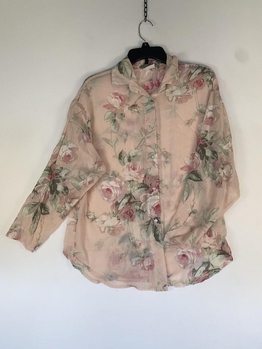Avon Fashions Blouse Womens Small Pink Floral Sheer Button Front Long Sleeve Top